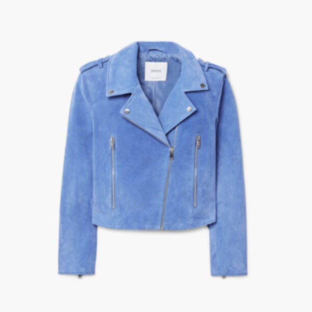 Mango Suede Biker Jacket, Size S China Blue